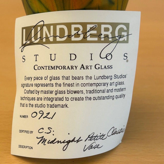 Green Lundberg Studios Abstract Art Glass Midnight Petite Vase 2004 Signed Certificate For Sale - Image 8 of 8