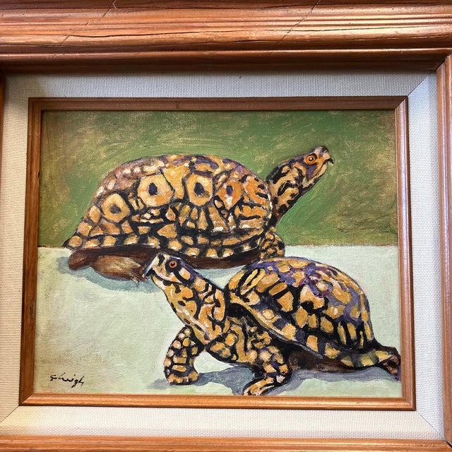 Original 8 x 10 painting on canvas board signed bottom left Overall size with distressed wood frame with linen liner is 16...