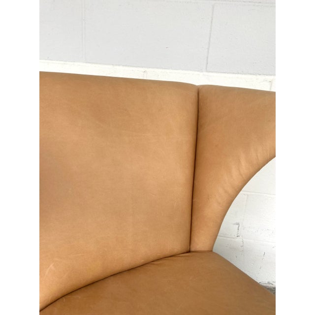 Stylish Sherrill Co. Modern Camel Leather Dining Chairs Set of Six, dark wood frames, bronze metal nailhead accents,...