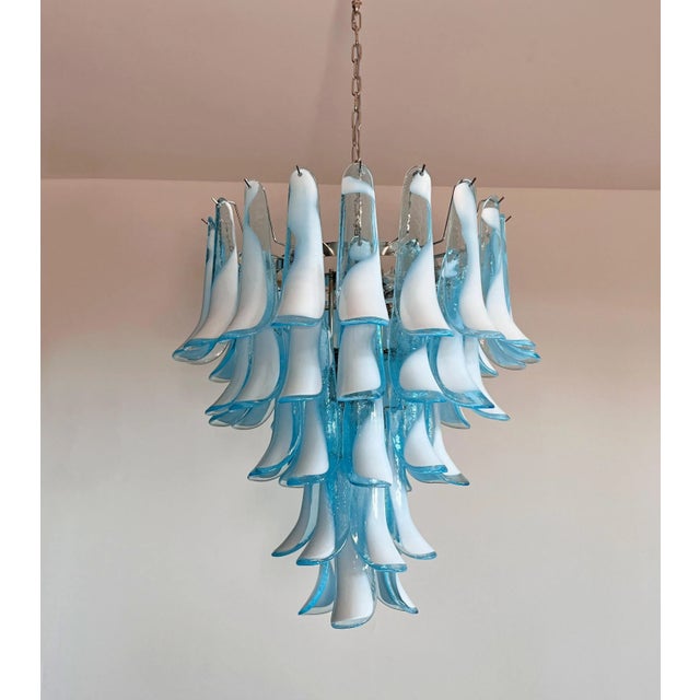Art Deco Italian Murano Style Chandelier, 52 Blue Glass Petals in 5 Levels For Sale - Image 3 of 12