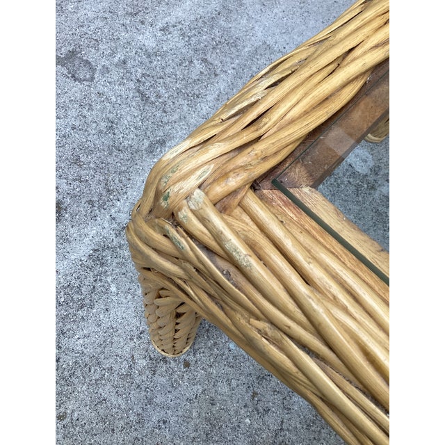 Tan Pair of Mid Century Pencil Reed and Rattan Side Tables With Glass Tops For Sale - Image 8 of 8