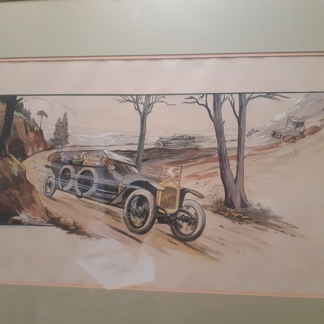 This an original signed in the plate hand colored Lithograph titled L' Equip from 1913 nicely frames total measurement...