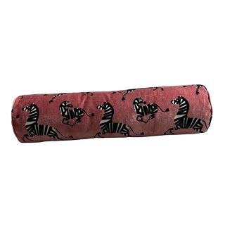 Contemporary Coral Pink Zebra Velvet Bolster Pillow For Sale