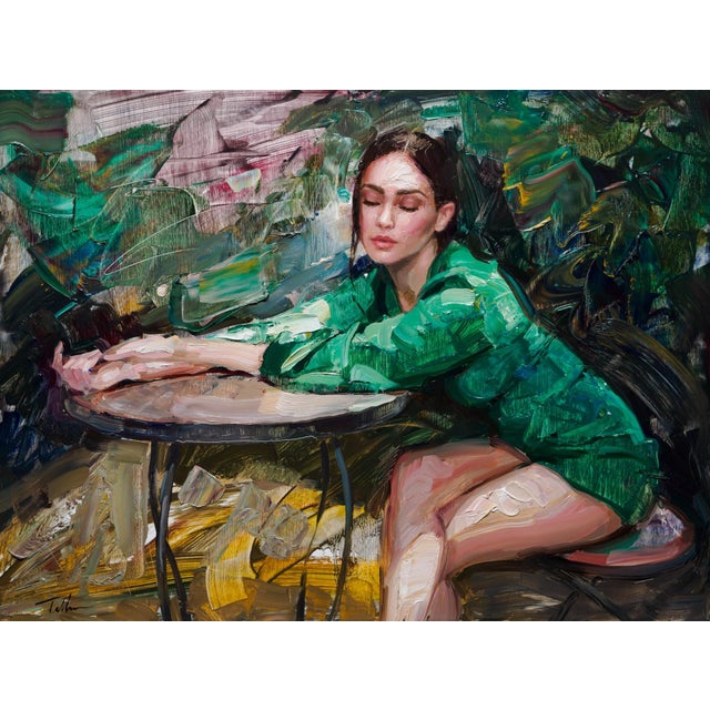 Early 21st Century In Repose by Matt Talbert | Oil on panel of a woman sitting at a table in a green outfit For Sale - Image 5 of 5