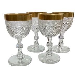 Set of 4 Antique Moser Gold Encrusted Cut Crystal Wine Stems