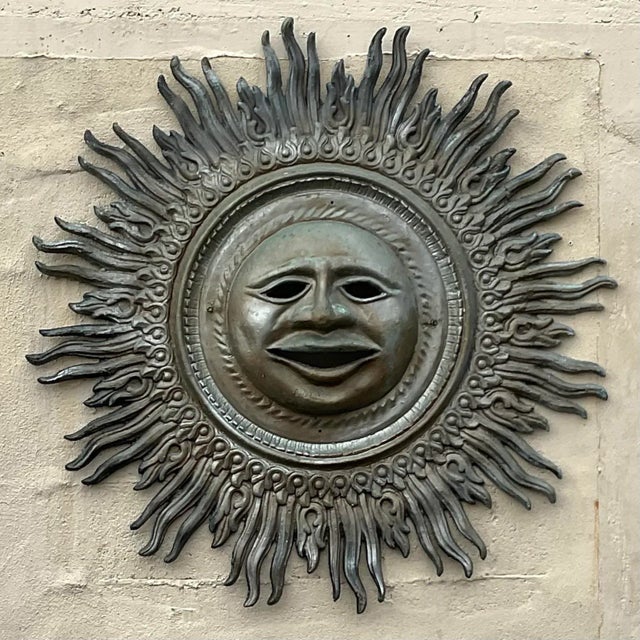 Late 20th Century Vintage Boho Monumental Patinated Cast Aluminum Sun Wall Sculpture For Sale - Image 5 of 9