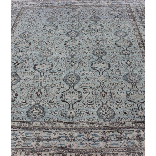Modern Hand-Knotted Oushak Rug With Geometric Design in Blues and Browns For Sale In Atlanta - Image 6 of 12