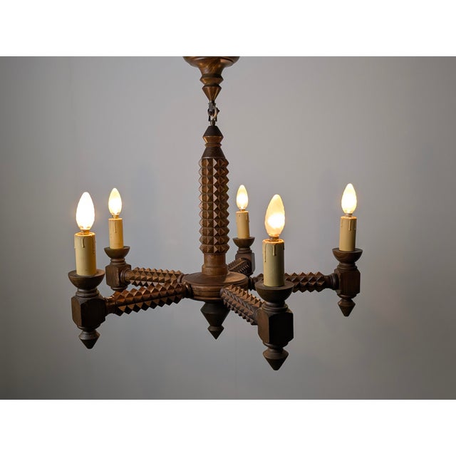 French Brutalist Carved Wood Chandelier by Charles Dudouyt, 1940s For Sale - Image 10 of 15