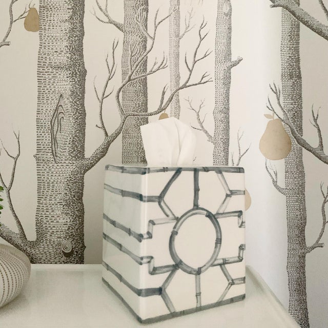 Complete ceramic bath set in a bamboo fret pattern, glazed in graphite. Includes a lidded cotton jar, soap dish, tissue...