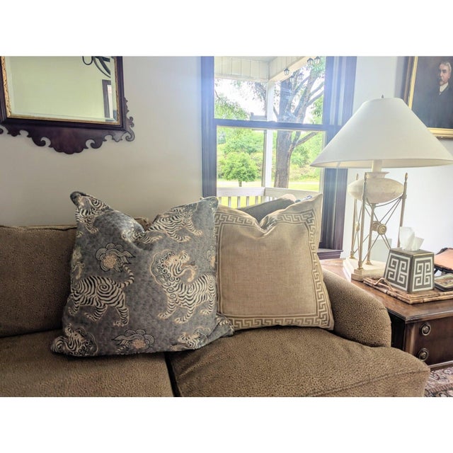 Gray Designer Tibetan Tiger Pillow Covers Attributed to Clarence House- A Pair For Sale - Image 8 of 12