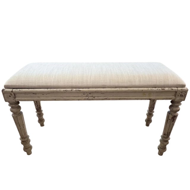 French Upholstered Bench in Cream Linen, 1900 For Sale - Image 4 of 5