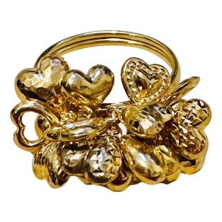 Multiple Heart Charm Floating 14 Karat Yellow Gold 4.1 Gm Ring Size 5.5 For Sale