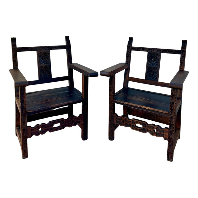 Set of 19th Century Spanish Colonial Carved Altar Armchairs with Wooden Seats For Sale