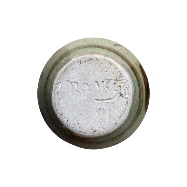 1991 Olive Organic Modern Ceramic Art Studio Round Vase For Sale - Image 4 of 5