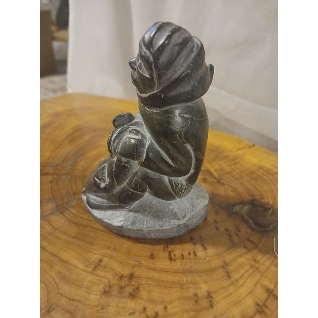 Native American Artist Signed Vintage Inuit Soapstone Sculpture of a Hunter With a Fish For Sale - Image 3 of 6