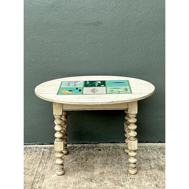 Late 20th Century Vintage Turned Wood Table With Ceramic Top For Sale - Image 5 of 12