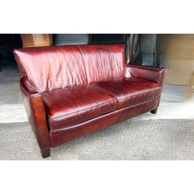 Restored Crate & Barrel Leather Loveseat – Distressed Patina, Solid Wood Frame For Sale - Image 17 of 17