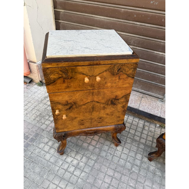 Set of 2 Italian Art Deco bedside tables, marble top, 1940 Drawer and door on the front. Walnut. Width 48 cm Depth 38 cm...