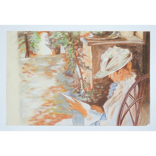 Mid 20th century pastel on paper impressionist painting of woman reading in a garden. Unsigned. Unframed, small corner...