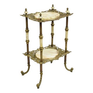 Antique French Victorian Bronze 2 Tier Onyx Stone Plant Stand Accent Side Table For Sale