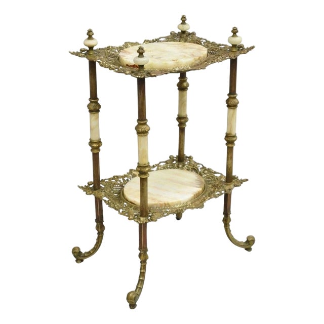 Antique French Victorian Bronze 2 Tier Onyx Stone Plant Stand Accent Side Table For Sale