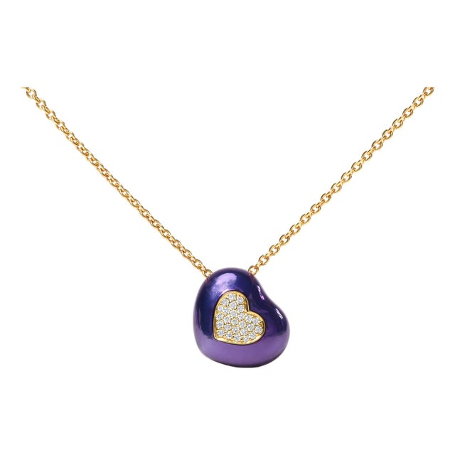 18K Yellow Gold Blue Enamel 1/10 Cttw Round Pave Diamonds Heart Shape 18" Pendant Necklace (G-H Color, SI1-SI2 Clarity) - Adjustable up to 16" - 18" For Sale