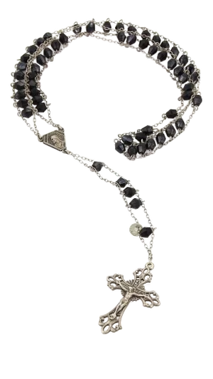 Onyx Beads 800 Silver Cross Rosary Pendant Necklace