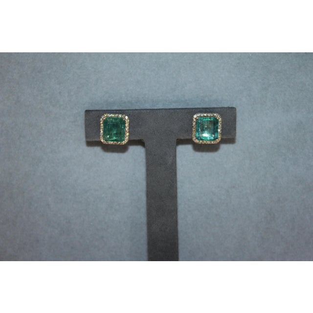 Emerald Cut Green Emerald Diamond Halo Stud 18k Rose Gold Earrings, A Pair For Sale - Image 11 of 18