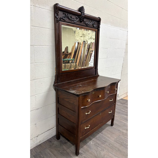 Victorian Antique Late Victorian Edwardian Serpentine Oak Dresser With Removable Mirror For Sale - Image 3 of 14