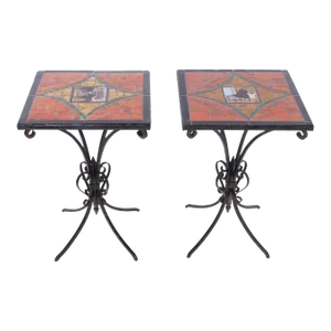Pair of Antique French Tile Top Iron Tables