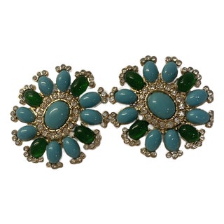 1960s Pair of Circle Earrings in Turq/Green/CZS For Sale