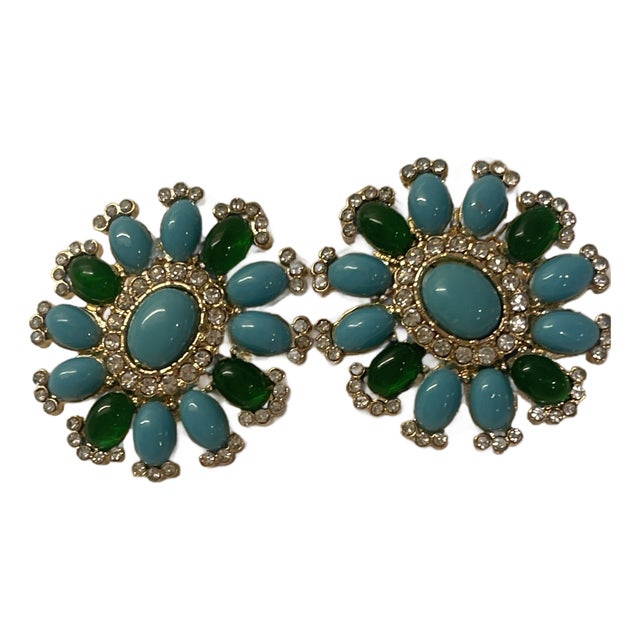 1960s Pair of Circle Earrings in Turq/Green/CZS For Sale