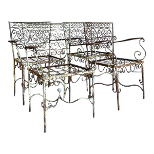 Vintage Regency Distressed Wrought Iron Scroll Dining Chairs - Set of 4