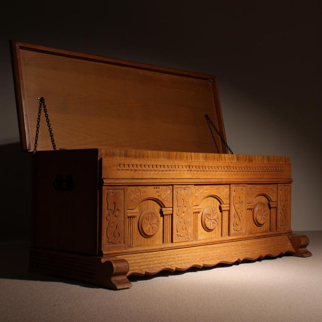 Carved Oak Chest with Decorative Front, Germany, 1970s For Sale - Image 9 of 12