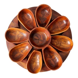 Mid-Century Tropical Carved Wood Serving Tray Set - Set of 10 For Sale