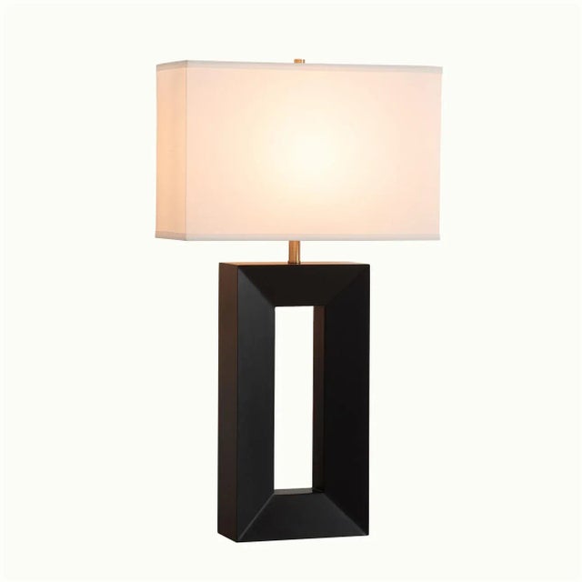 Mid-Century Modern Julie Standing Table Lamp - Ebony Wood Finish, Weathered Brass, White Linen Shade For Sale - Image 3 of 10