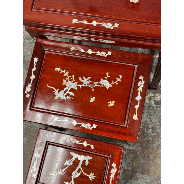 Wood Asian Rosewood + Mother of Pearl Inlaid Nesting Tables, Set of Four For Sale - Image 7 of 12