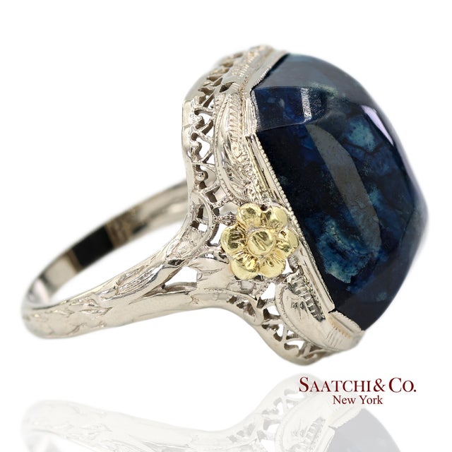 14K Two Tone Solid Gold Blue Stone Floral Ring Metal Type: 14K Solid Gold, Yellow Gold, White Gold Total Item Weight: 5.0...