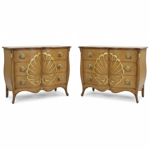 Wood 1970s French Hollywood Regency Style Walnut W/ Gilt Shell Chests - Pair For Sale - Image 7 of 8
