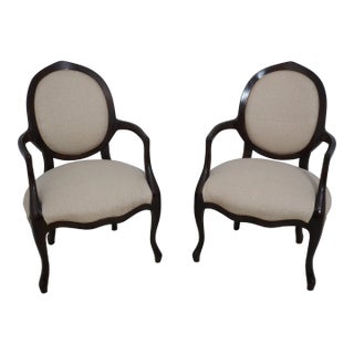 Pair Medallion Back Upholstered Open Armchairs For Sale