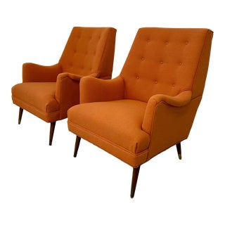 Reupholstered Pair of Orange Mid Century Modern Lounge Chairs For Sale