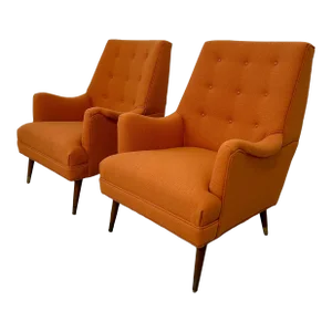 Reupholstered Pair of Orange Mid Century Modern Lounge Chairs