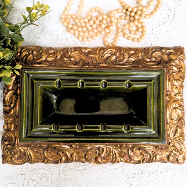 1950s California Originals #223 olive green and gold gilt ashtray. A mid-century Hollywood Regency collectible — perfect...
