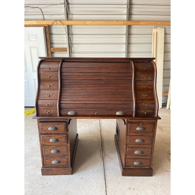 Antique-Style Roll Top Desk | Solid Wood Dark Oak Brown Curved Tambour Front For Sale - Image 6 of 7