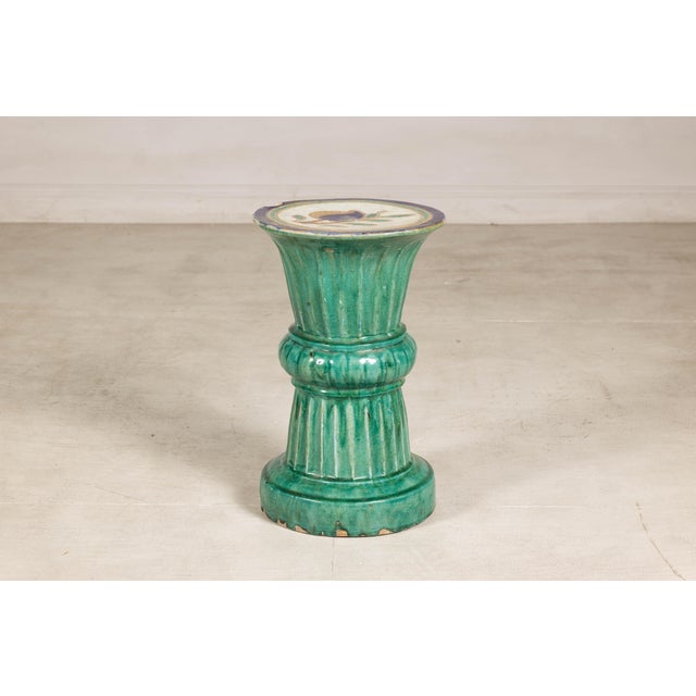 Antique Annamese Green Glazed Ceramic Pedestal with Floral Medallion For Sale - Image 12 of 12
