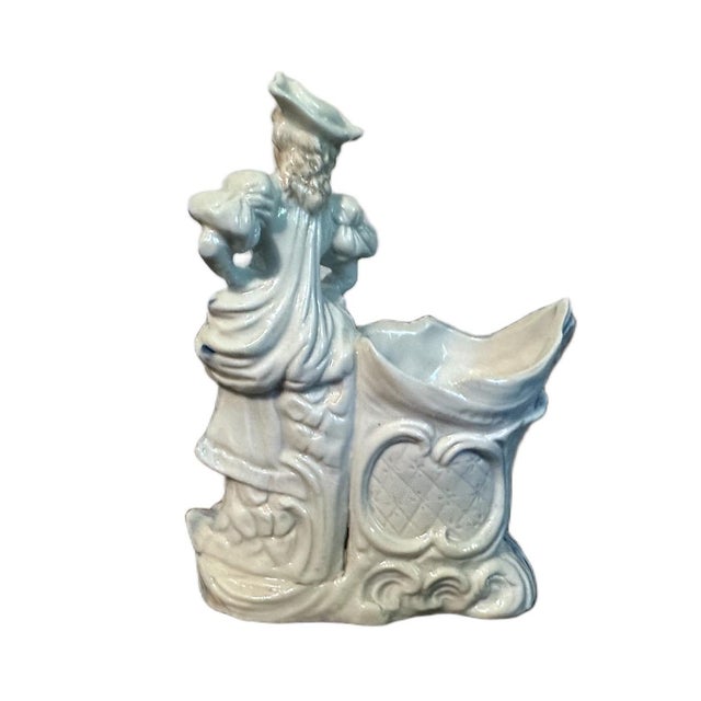 Antique Victorian Rococo Porcelain Blue & White Figural Lady Spill Vase/Planter For Sale - Image 4 of 5