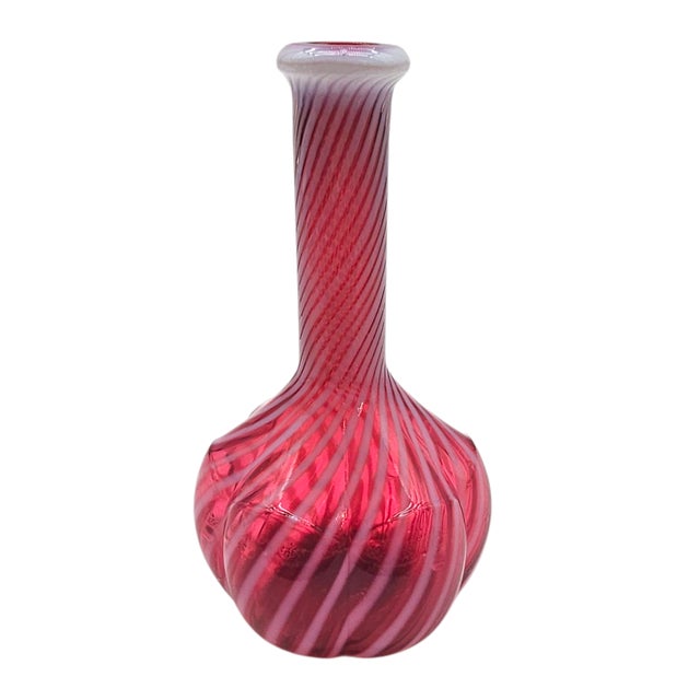 Fenton Art Glass Company Fenton Cranberry & White Striped Optic Glass Barber Bottle Vase – Vintage Handblown Art For Sale - Image 4 of 8