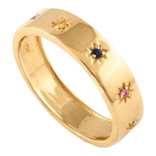 Starburst Multi Sapphire Studded Band Ring in 18k Solid Yellow Gold Size 9.5 For Sale