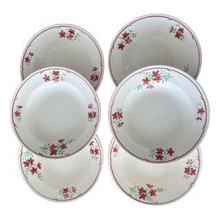 Vintage Soup Plates in Earthenware with Red Floral Decoration from Badonviller, 1950, Set of 6 For Sale