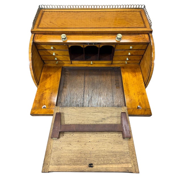 Brass Late 19th Century English Satinwood Roll Top Desk, Circa 1890 For Sale - Image 8 of 14